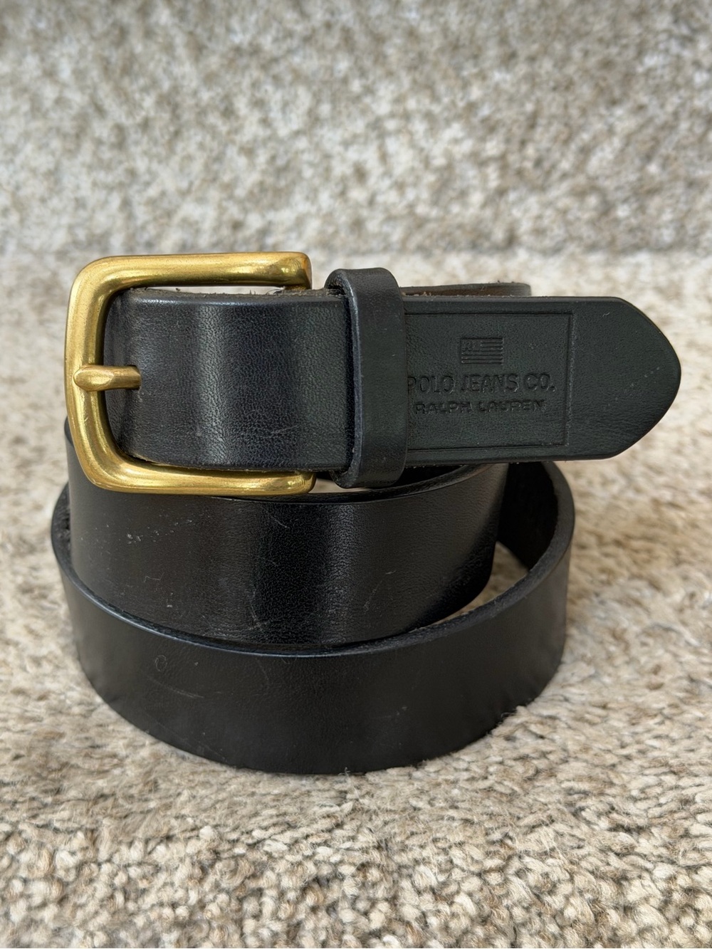 VTG POLO JEANS Black Leather Belt w Gold Brass Buckle. SZ L. Classic. Embossed